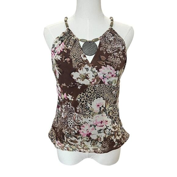 VTG Y2K ICE Brown & Pink Floral Leopard Print Halter Top w Wooden Bead Necklace - Picture 1 of 8